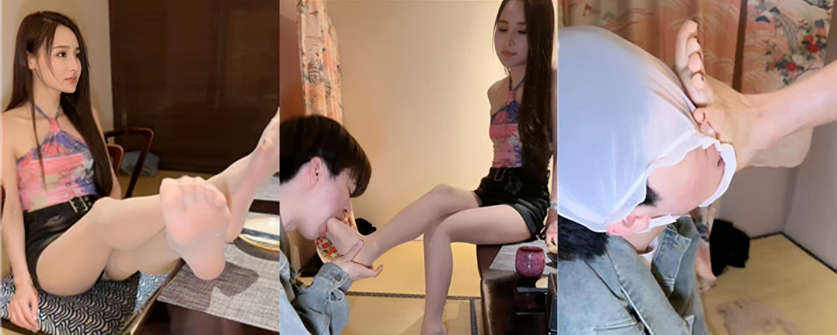 恋足必看 绝色美女日料店调教狗奴相亲对象 舔脚足交内裤罩头 红色的指甲超好看
